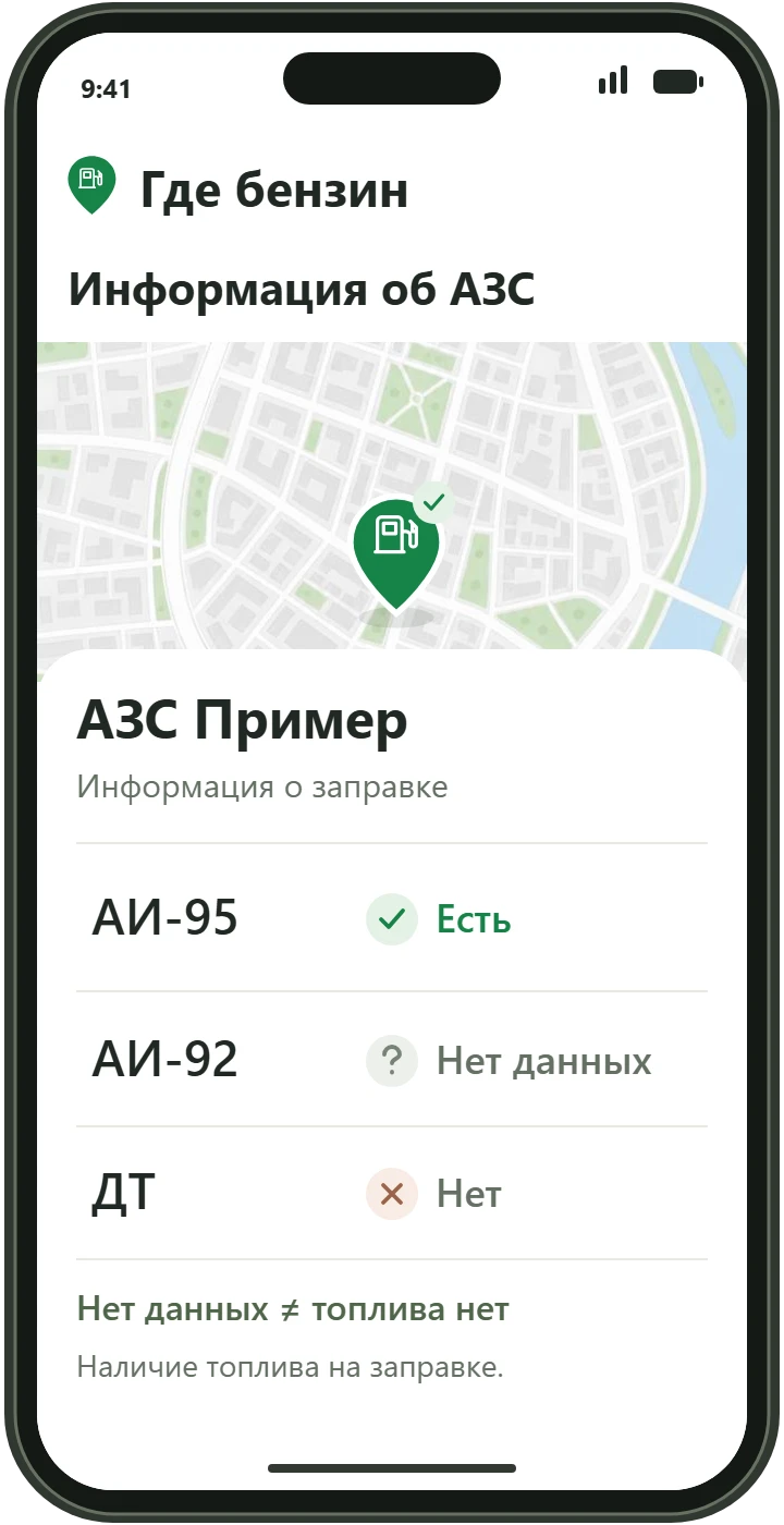 Пример карточки АЗС со статусами наличия топлива: АИ-95 есть, АИ-92 нет данных, ДТ нет.
